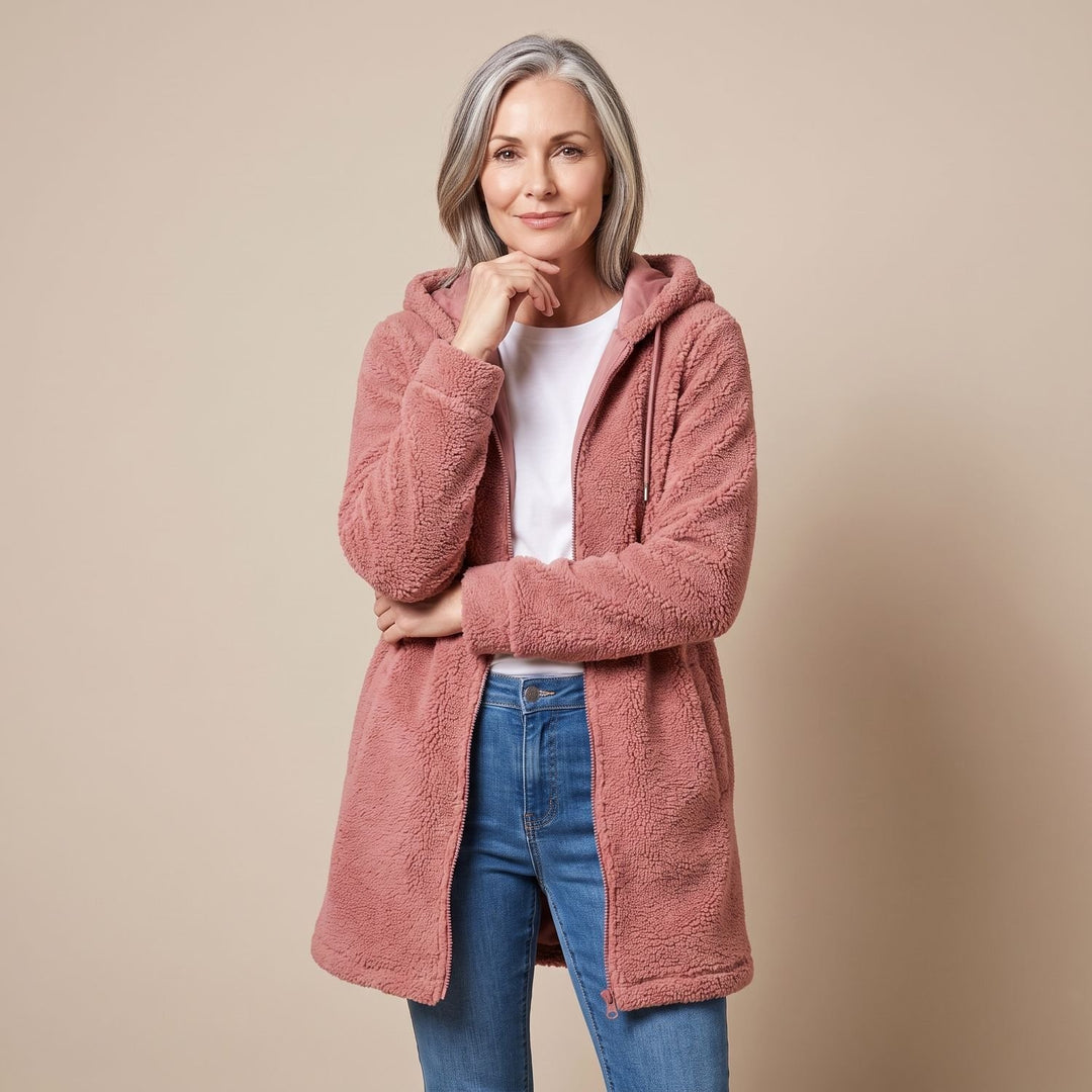 Women's Sherpa Fleece Hooded Zip-Up Long Jacket - Pink