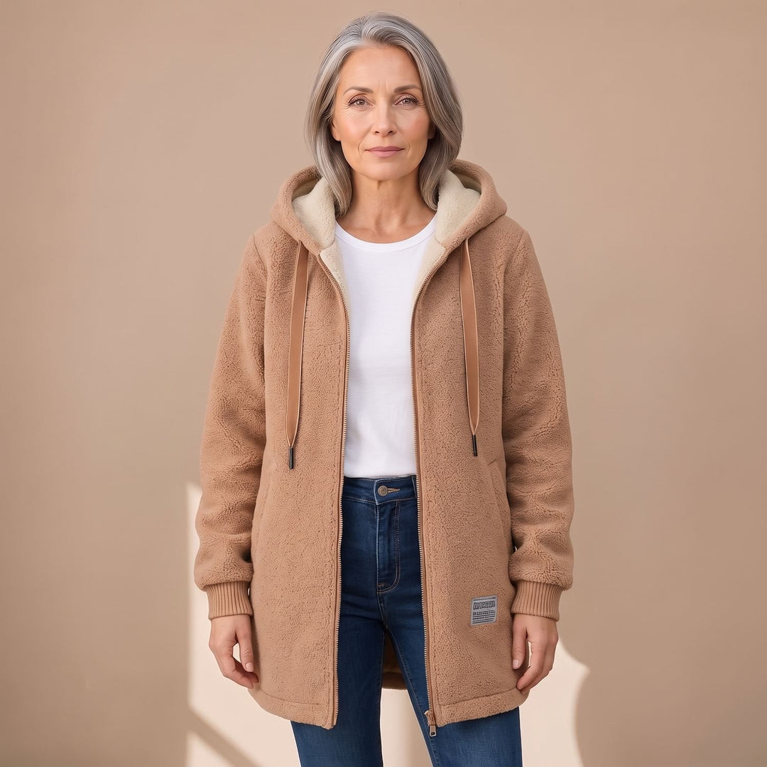 Women's Sherpa Fleece Hooded Zip-Up Long Jacket - Brown