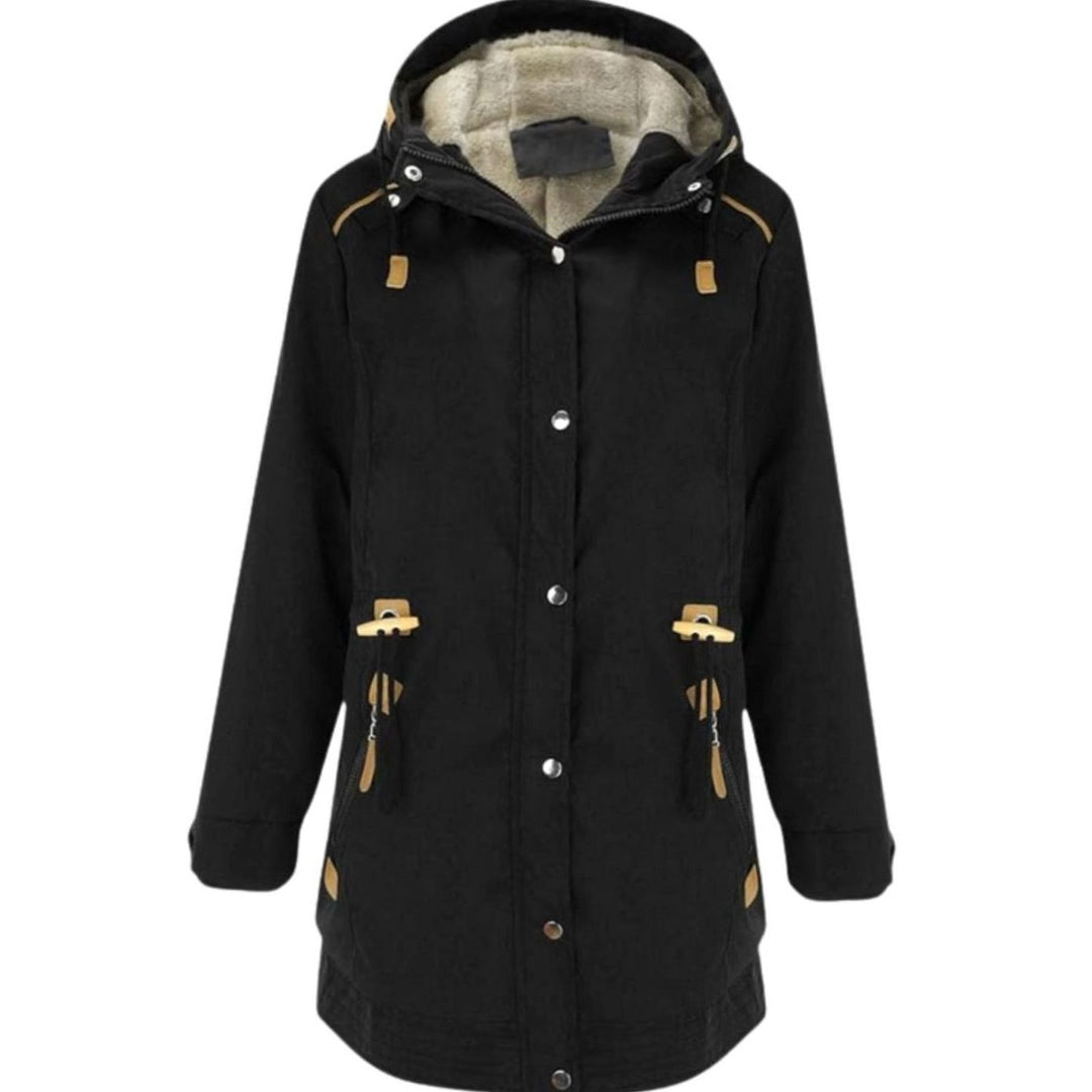 Women's Sherpa-Lined Hooded Parka Jacket Adjustable Waist - Black