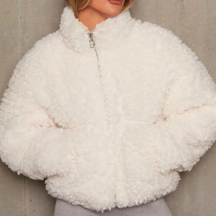 Women's Sherpa Zip-Up Jacket Plush Fleece Stand Collar - White