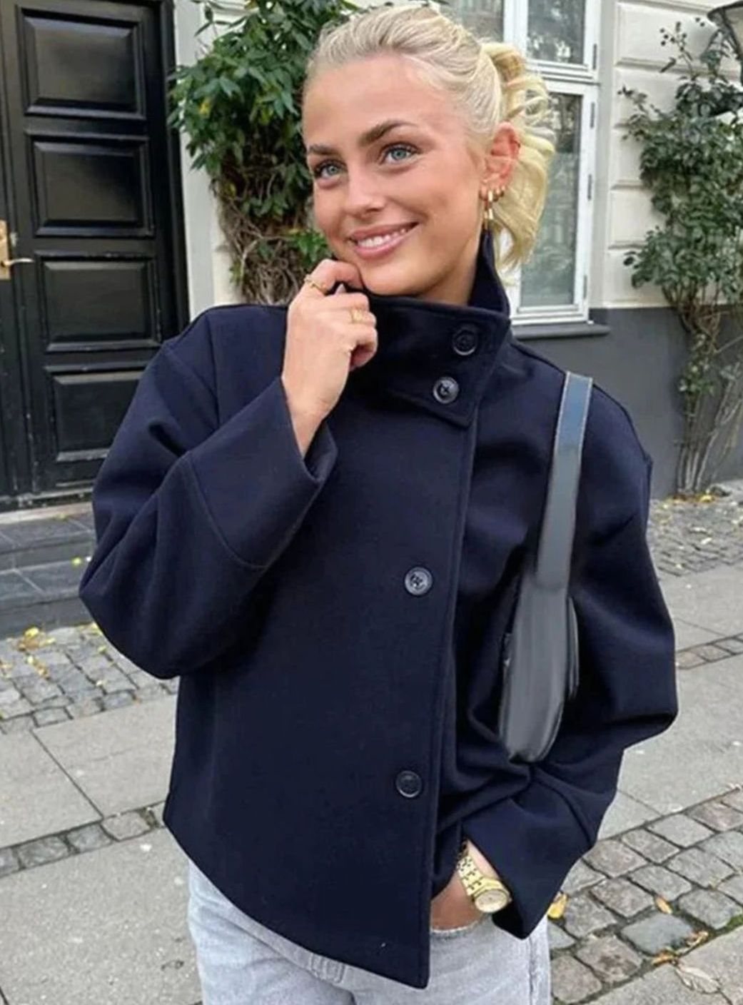 Women's Short Winter Coat High-Collar Button-Front Jacket - Dark Blue