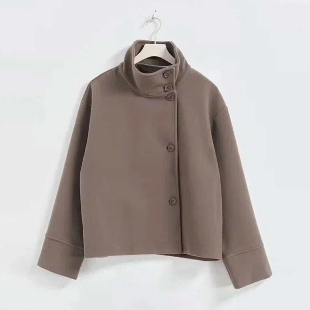 Women's Short Winter Coat High-Collar Button-Front Jacket - Coffee