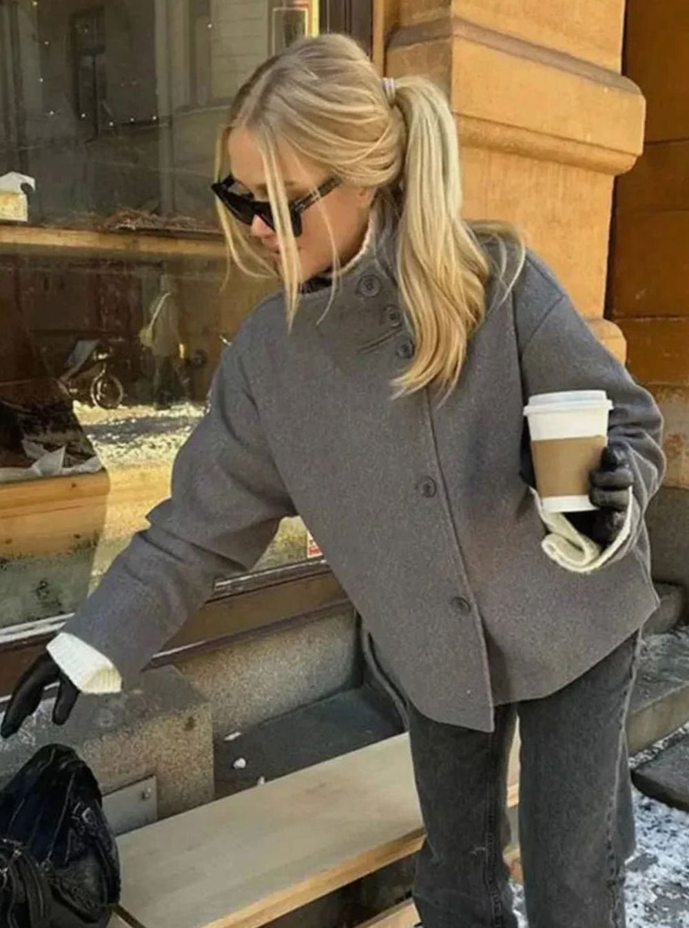 Women's Short Winter Coat High-Collar Button-Front Jacket - Gray