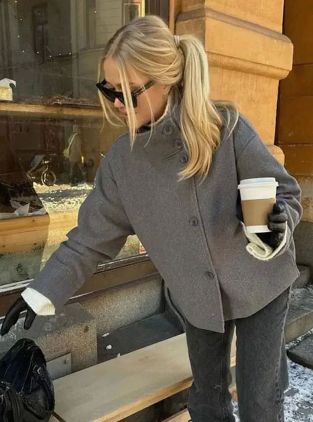 Women's Short Winter Coat High-Collar Button-Front Jacket - Gray