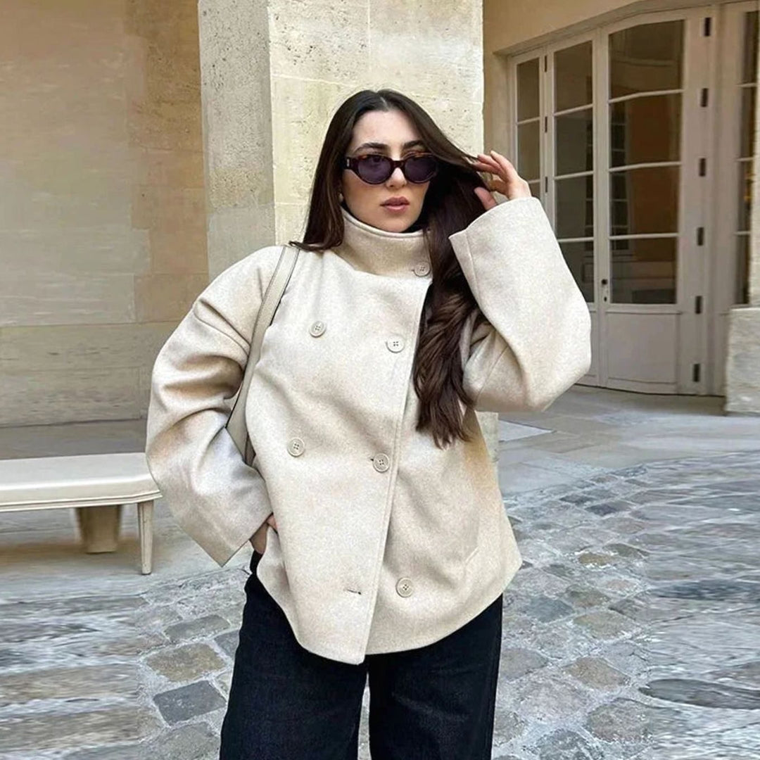 Women's Short Winter Coat High-Collar Button-Front Jacket - Apricot