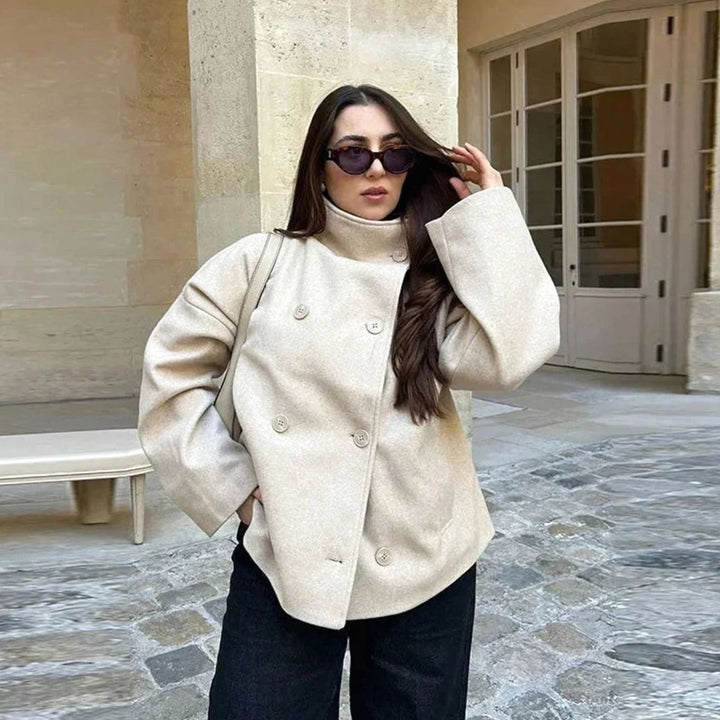 Women's Short Winter Coat High-Collar Button-Front Jacket - Apricot