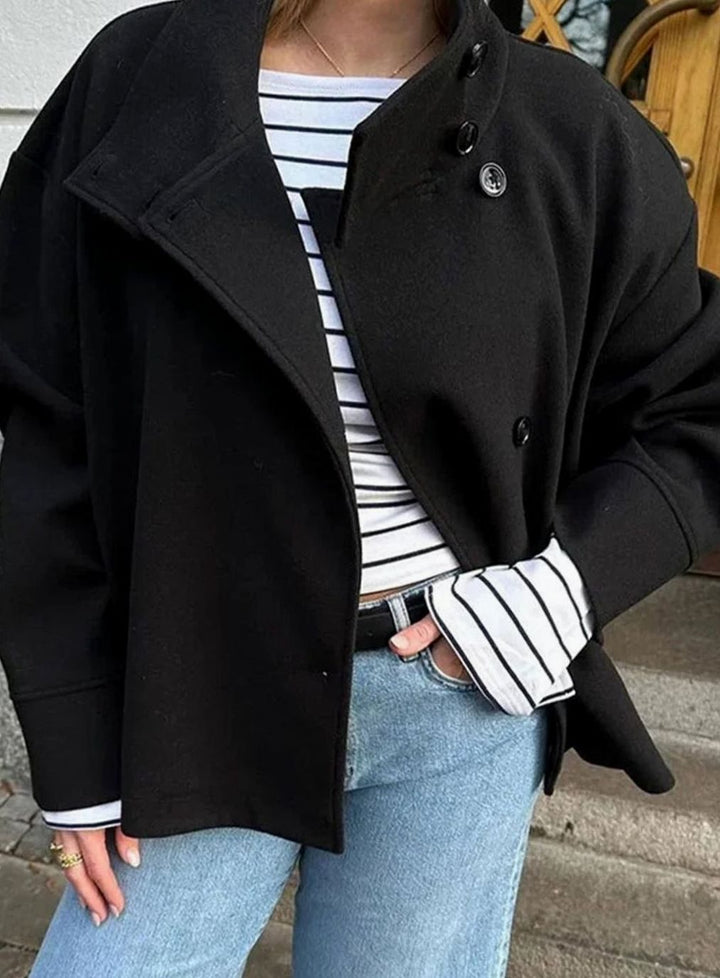 Women's Short Winter Coat High-Collar Button-Front Jacket - Black