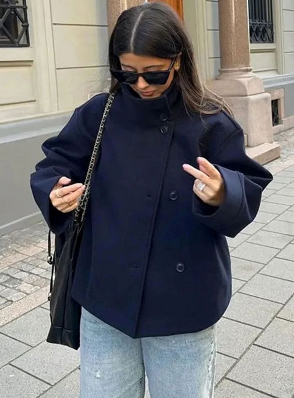 Women's Short Winter Coat High-Collar Button-Front Jacket