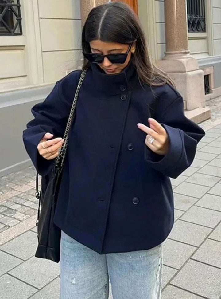 Women's Short Winter Coat High-Collar Button-Front Jacket