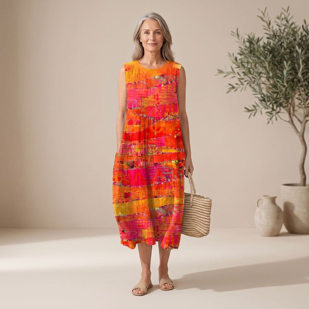 Women's Sleeveless Abstract Print Relaxed Midi Dress, Orange - Multicolor