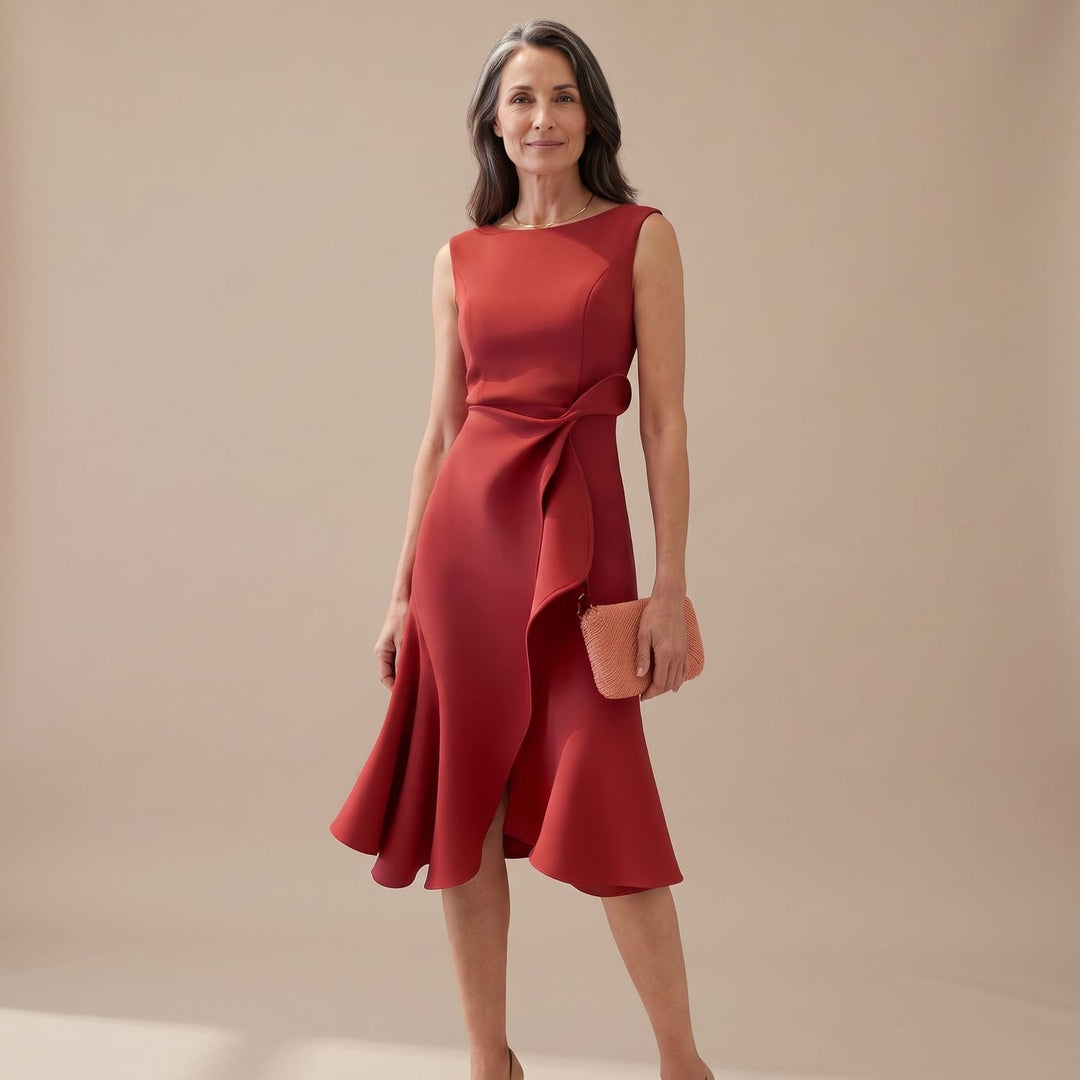 Women's Sleeveless Asymmetric Draped Flared Midi Dress Juliette - Red