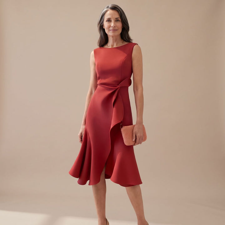 Women's Sleeveless Asymmetric Draped Flared Midi Dress Juliette - Red