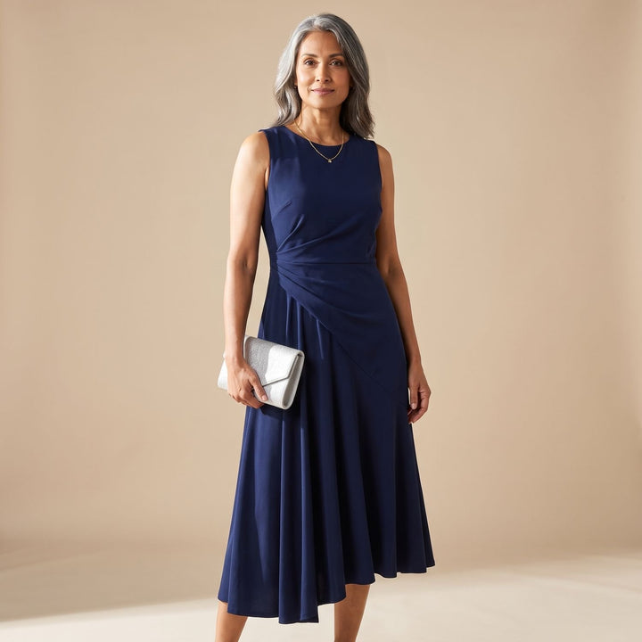 Women's Sleeveless Asymmetric Draped Flared Midi Dress Juliette - Navy Blue