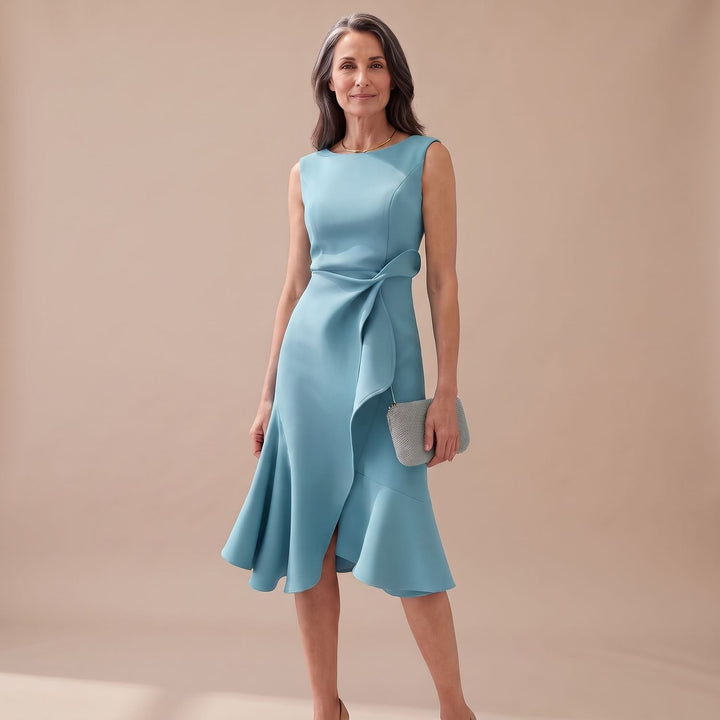 Women's Sleeveless Asymmetric Draped Flared Midi Dress Juliette - Light Blue