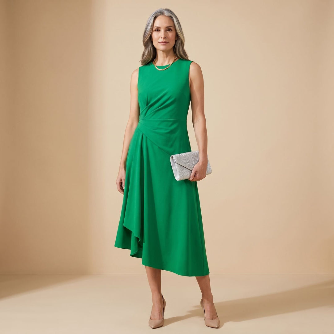 Women's Sleeveless Asymmetric Draped Flared Midi Dress Juliette - Green