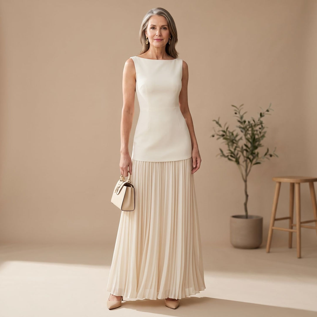 Women's Sleeveless Boat-Neck Pleated Maxi Dress - Cream