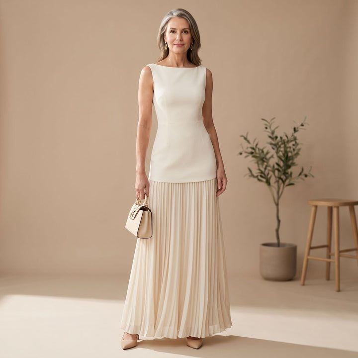 Women's Sleeveless Boat-Neck Pleated Maxi Dress - Cream