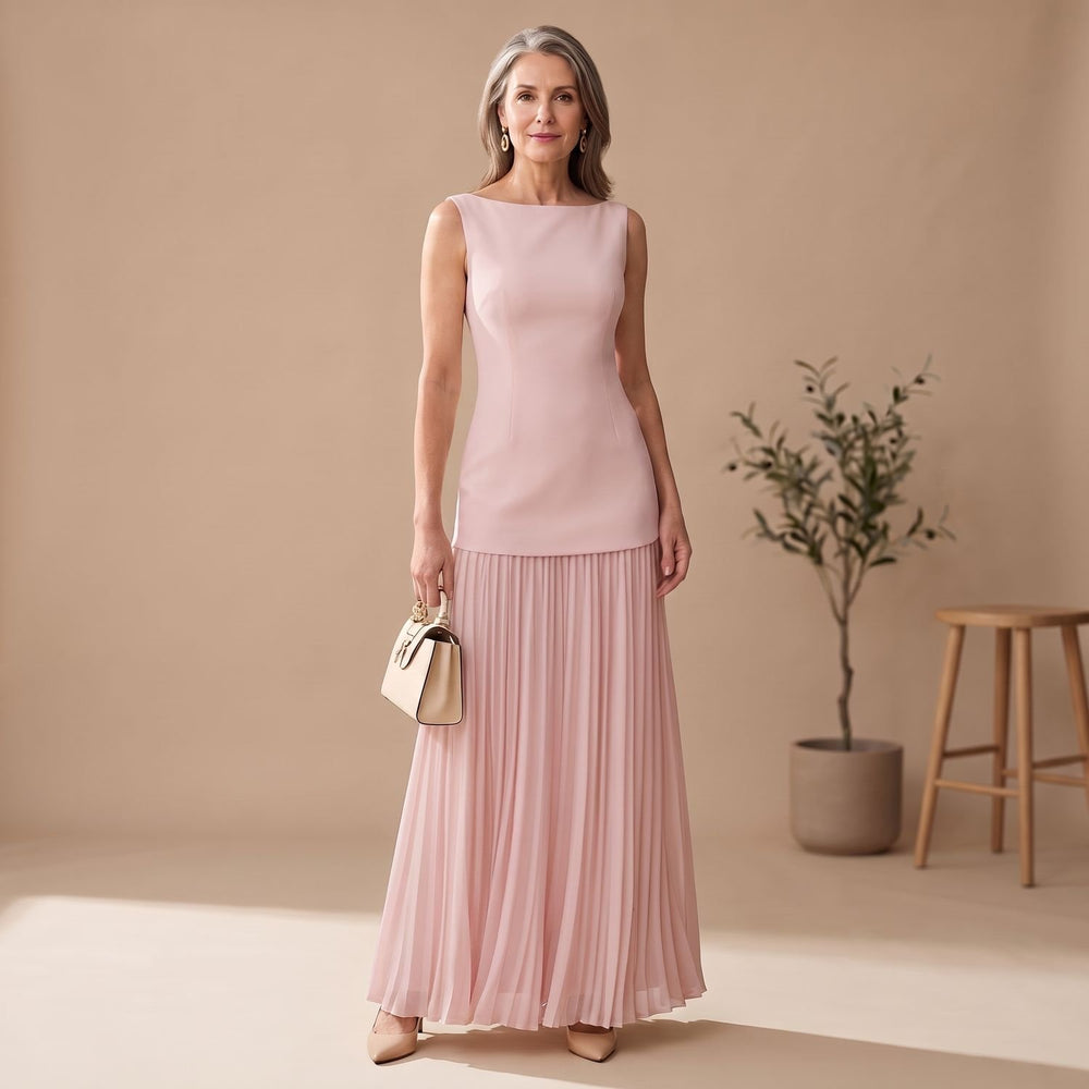 Women's Sleeveless Boat-Neck Pleated Maxi Dress - Pink