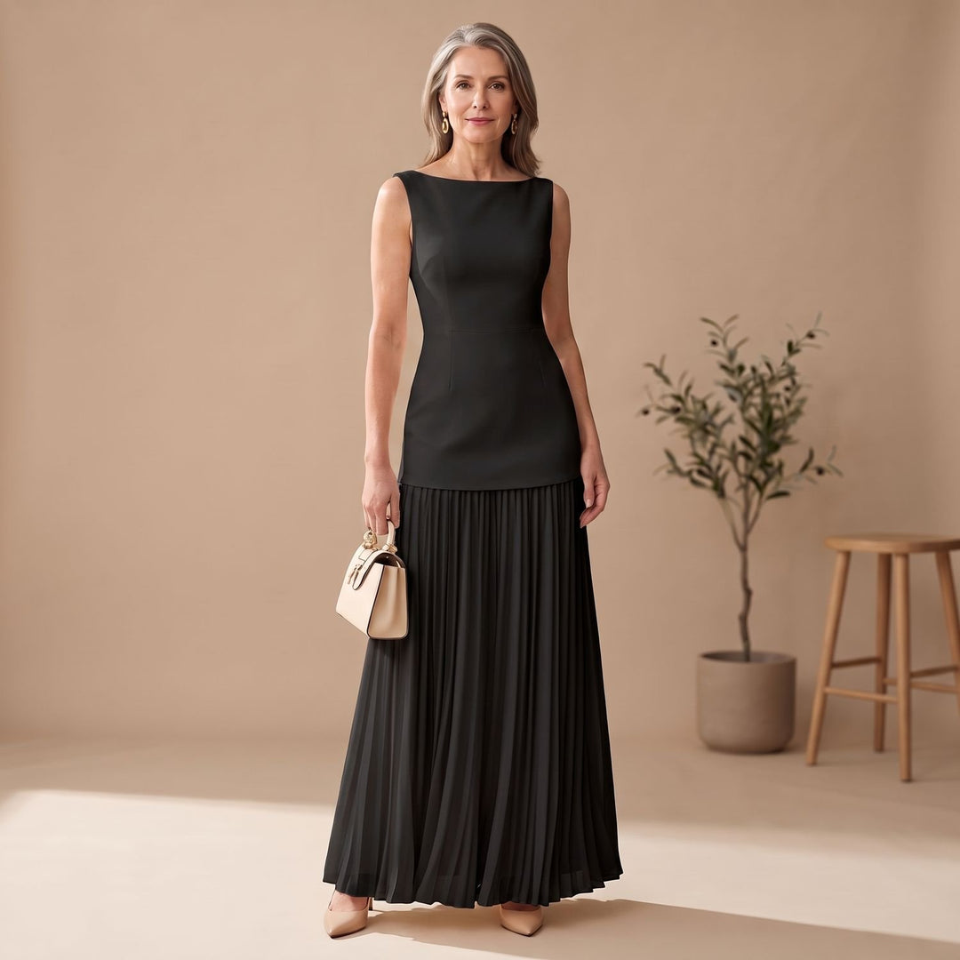 Women's Sleeveless Boat-Neck Pleated Maxi Dress - Black
