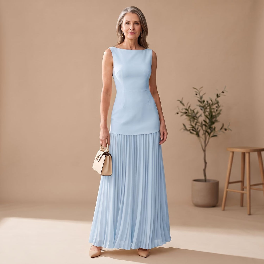 Women's Sleeveless Boat-Neck Pleated Maxi Dress - Blue