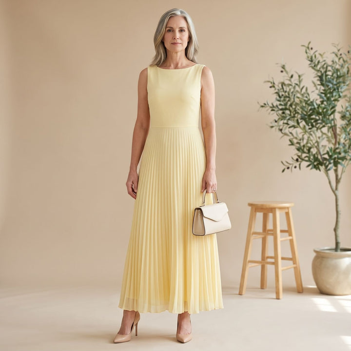 Women's Sleeveless Boat-Neck Pleated Maxi Dress - Yellow