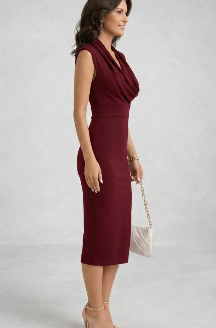 Women's Sleeveless Cowl Neck Pencil Midi Cocktail Dress