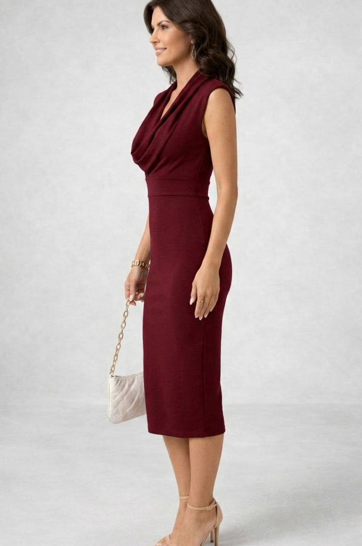Women's Sleeveless Cowl Neck Pencil Midi Cocktail Dress