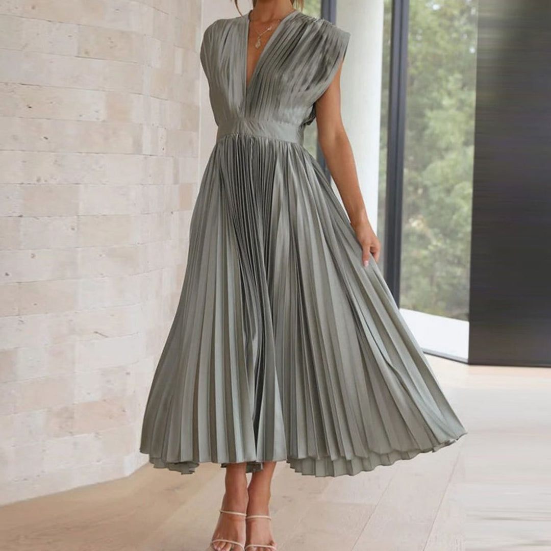 Women's Sleeveless Deep V-Neck Pleated Midi Cocktail Dress - Olive