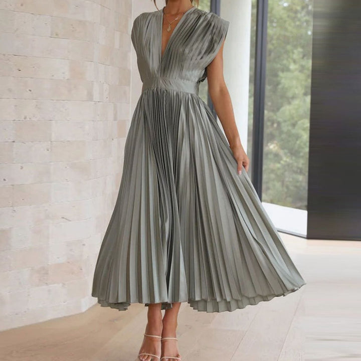 Women's Sleeveless Deep V-Neck Pleated Midi Cocktail Dress - Olive