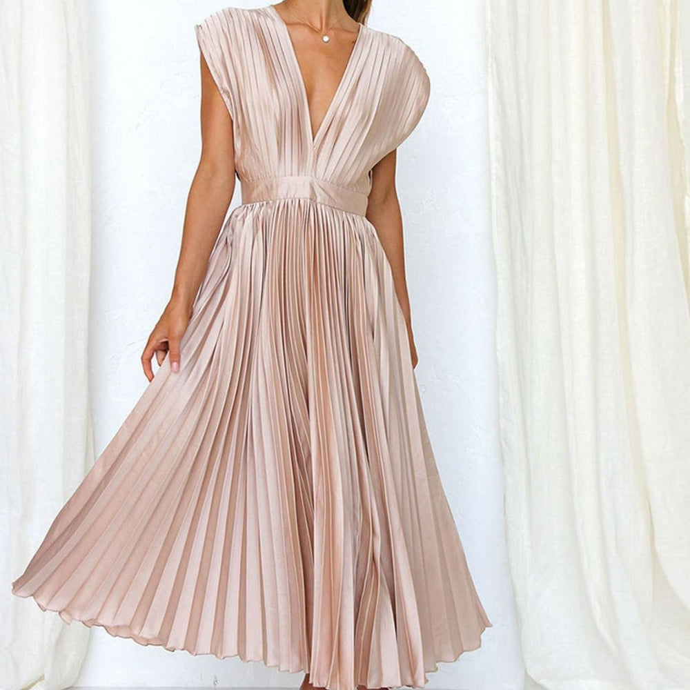 Women's Sleeveless Deep V-Neck Pleated Midi Cocktail Dress