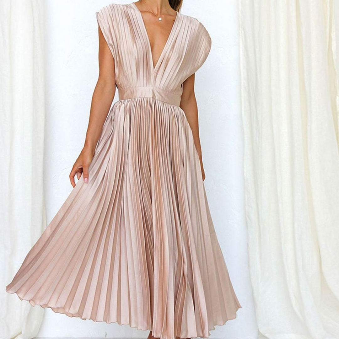 Women's Sleeveless Deep V-Neck Pleated Midi Cocktail Dress