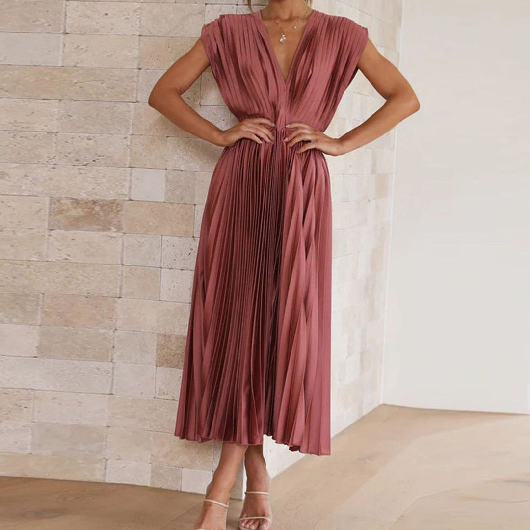 Women's Sleeveless Deep V-Neck Pleated Midi Cocktail Dress
