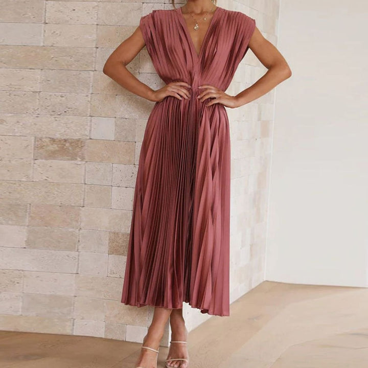 Women's Sleeveless Deep V-Neck Pleated Midi Cocktail Dress