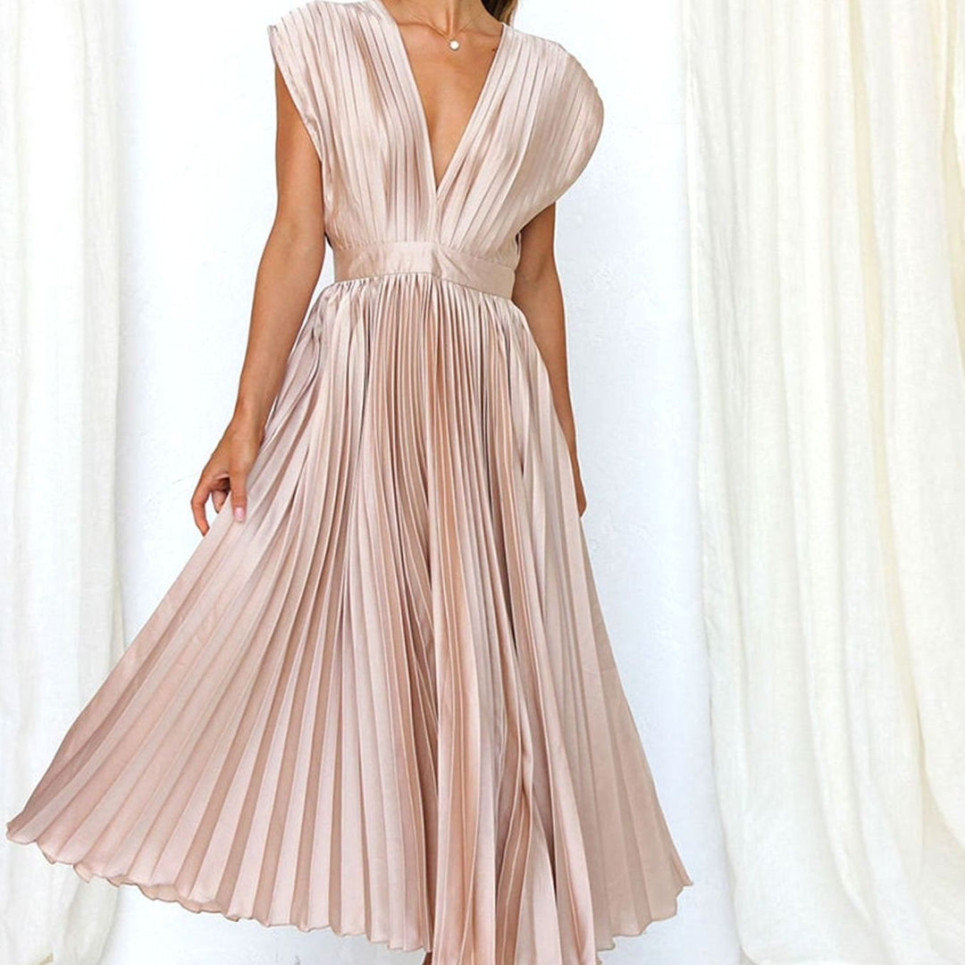 Women's Sleeveless Deep V-Neck Pleated Midi Cocktail Dress - Beige