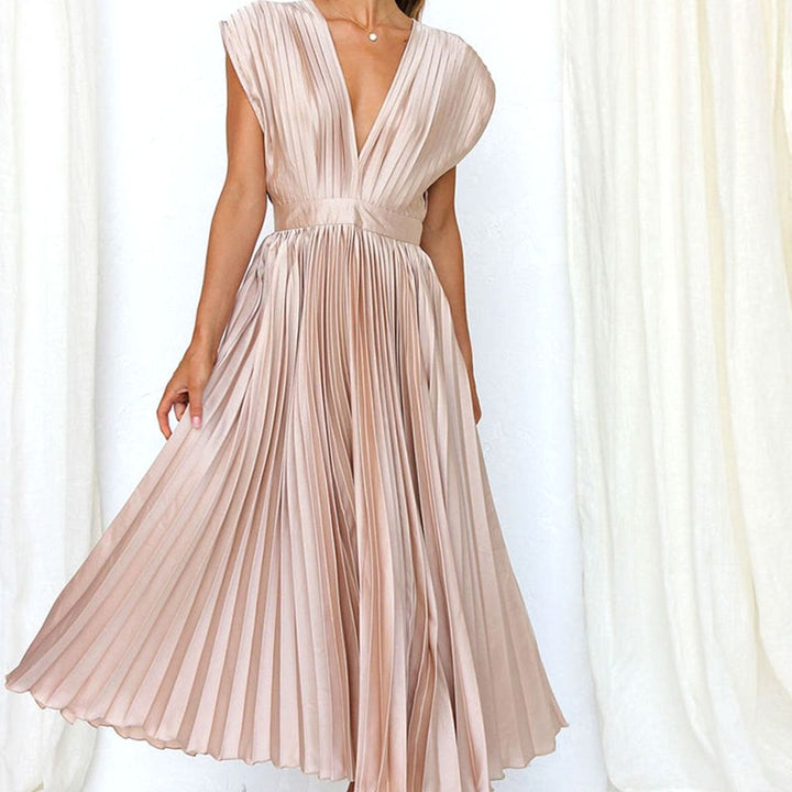 Women's Sleeveless Deep V-Neck Pleated Midi Cocktail Dress - Beige