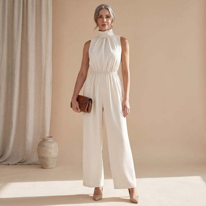 Women's Sleeveless Mock-Neck Wide-Leg Jumpsuit
