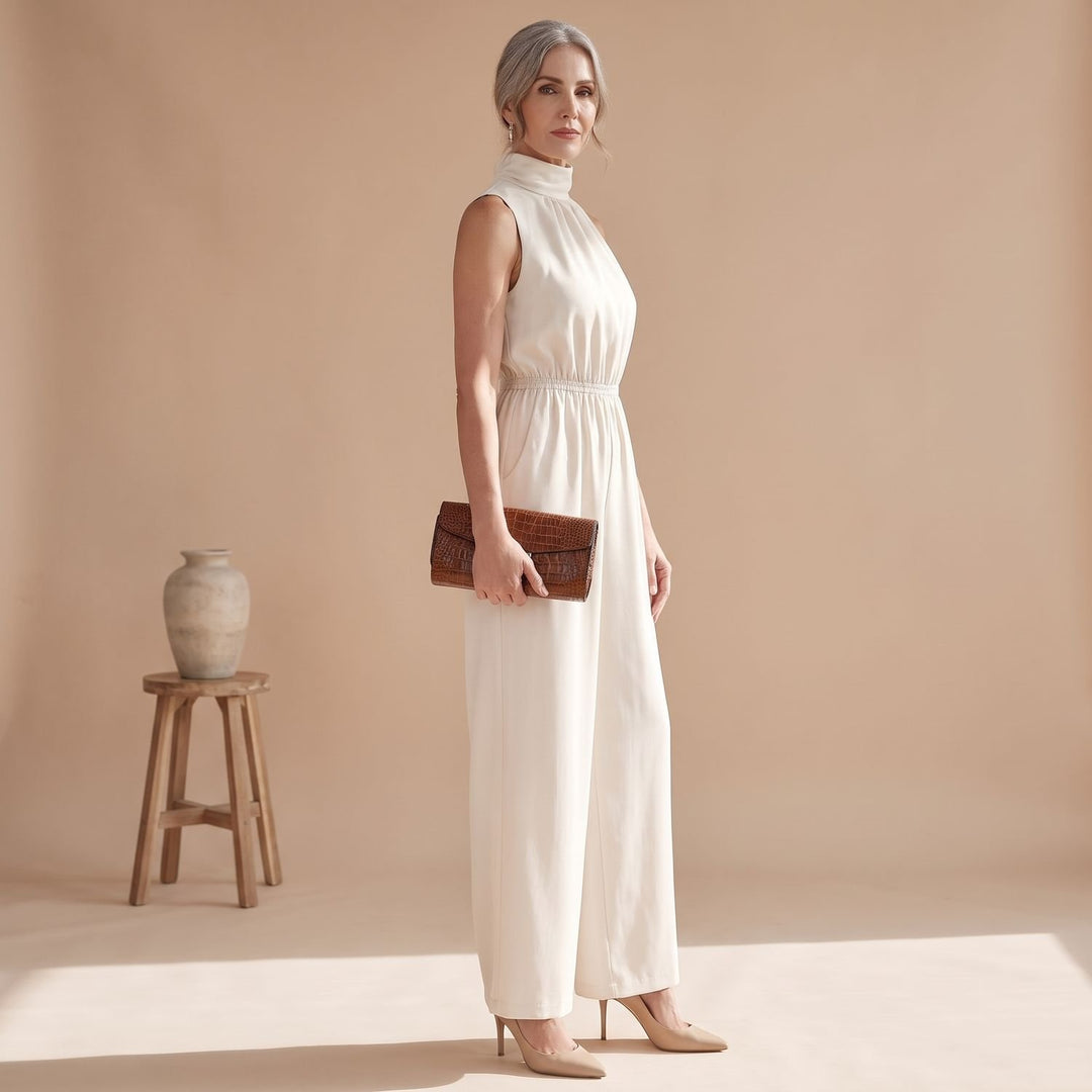 Women's Sleeveless Mock-Neck Wide-Leg Jumpsuit