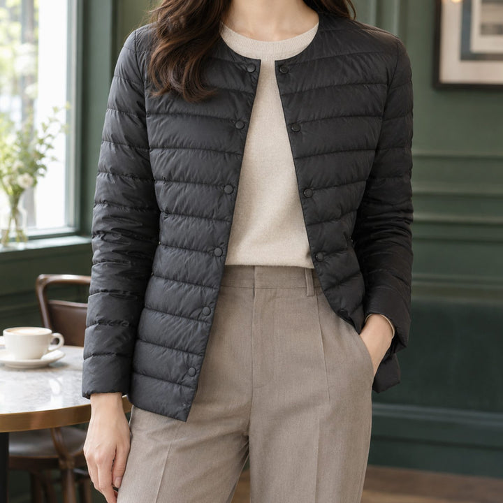 Women's Slim-Fit Collarless Quilted Puffer Jacket - Black