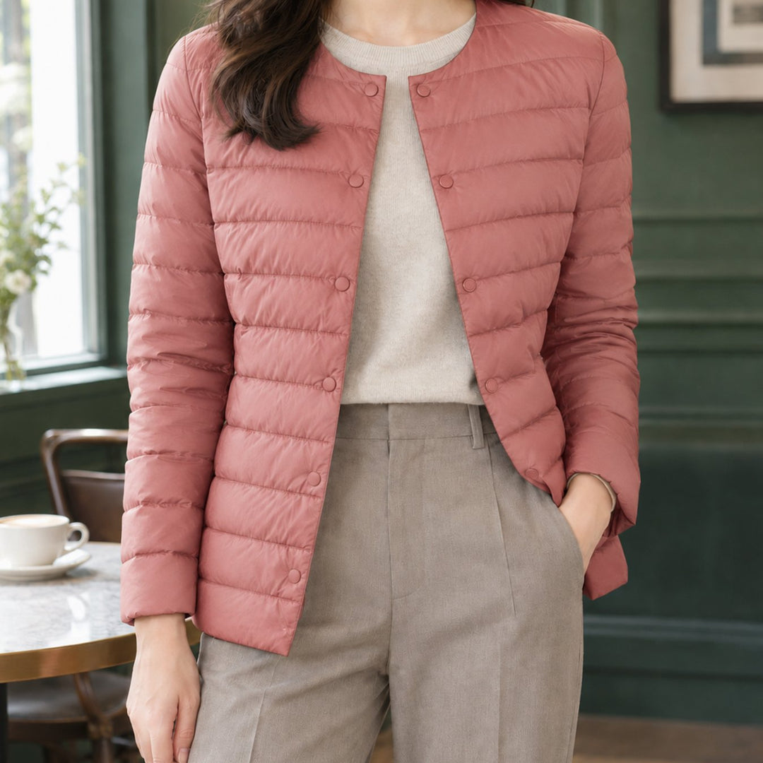 Women's Slim-Fit Collarless Quilted Puffer Jacket - Pink