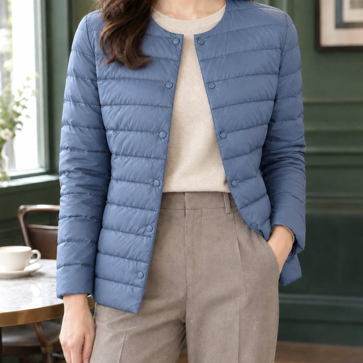 Women's Slim-Fit Collarless Quilted Puffer Jacket - Haze Blue