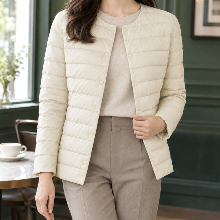 Women's Slim-Fit Collarless Quilted Puffer Jacket - Off White