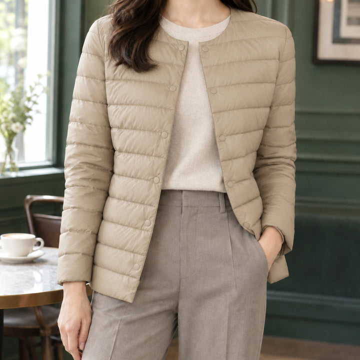 Women's Slim-Fit Collarless Quilted Puffer Jacket - Camel