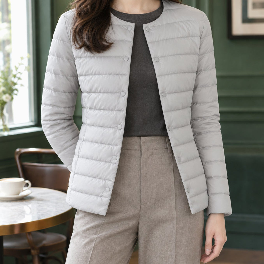 Women's Slim-Fit Collarless Quilted Puffer Jacket - Light Gray