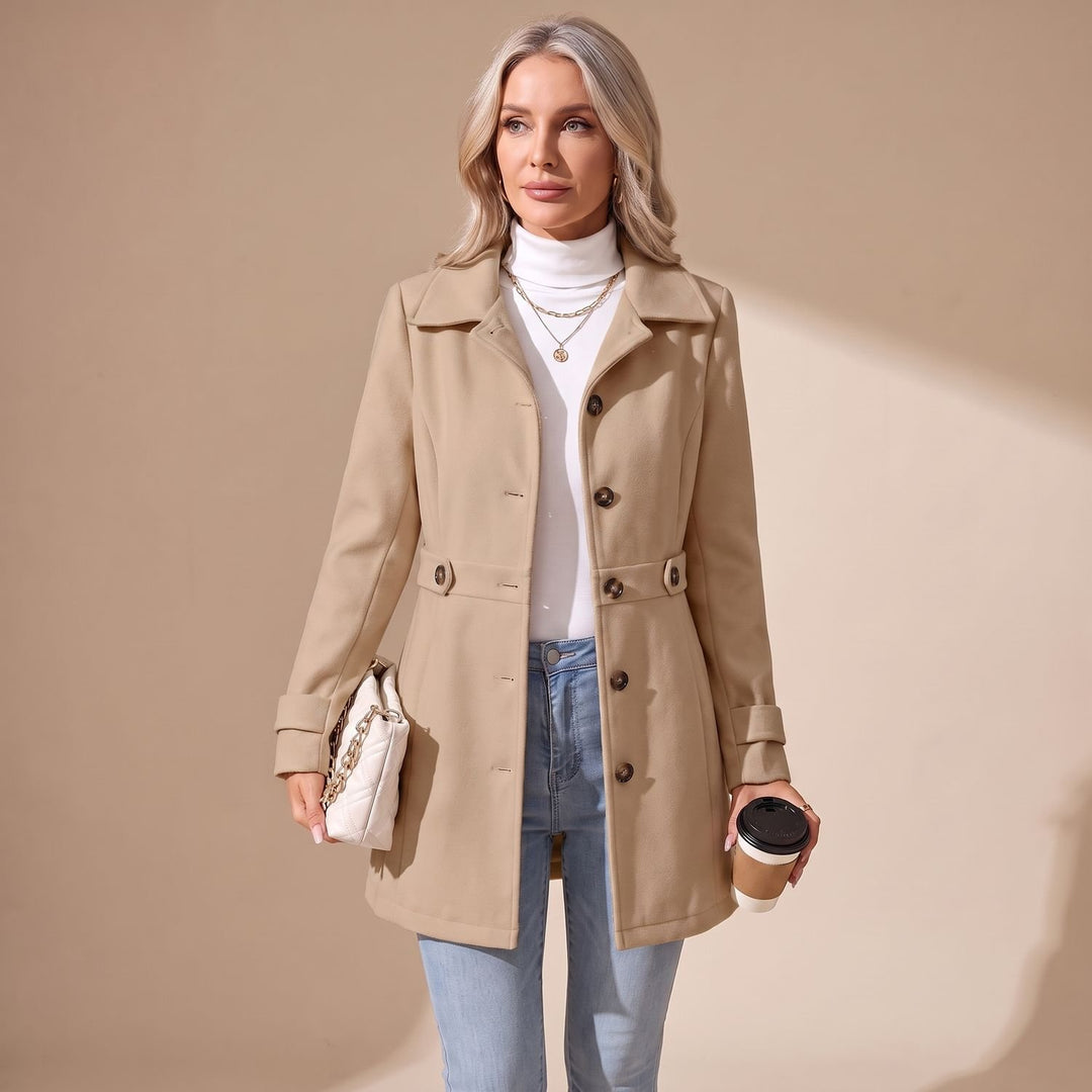 Women's Slim-Fit Single-Breasted Wool Coat Turn-Down Collar - Khaki