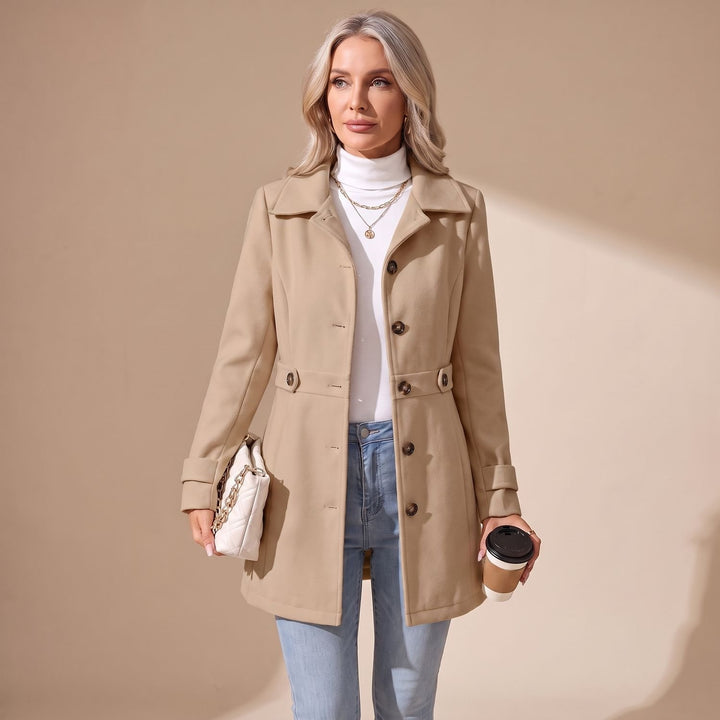Women's Slim-Fit Single-Breasted Wool Coat Turn-Down Collar - Khaki