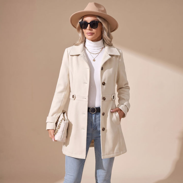 Women's Slim-Fit Single-Breasted Wool Coat Turn-Down Collar