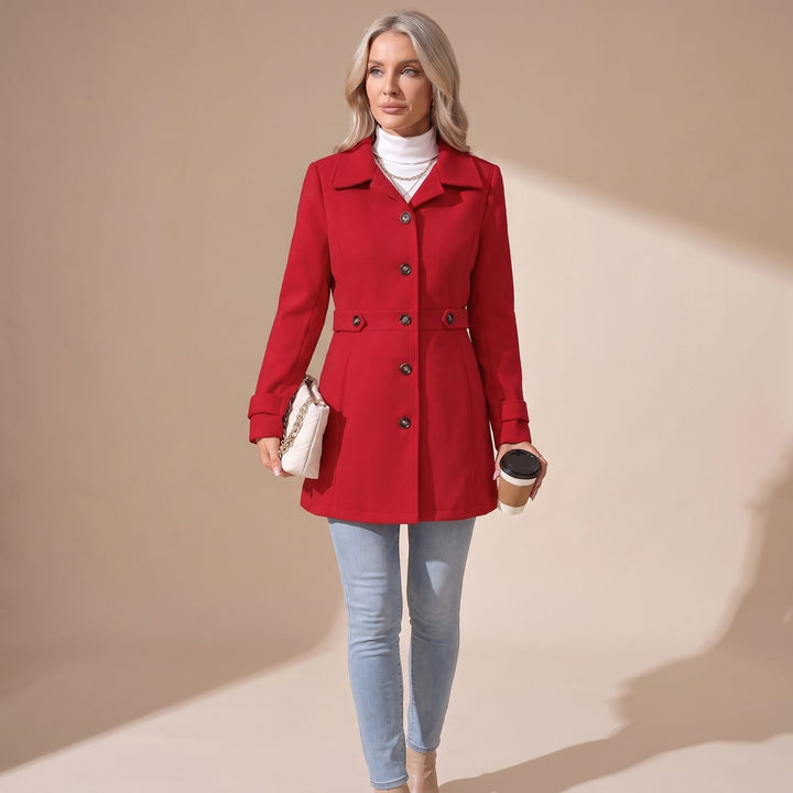 Women's Slim-Fit Single-Breasted Wool Coat Turn-Down Collar - Red