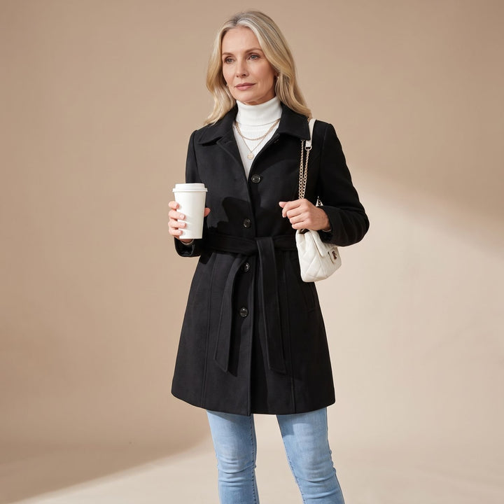 Women's Slim-Fit Single-Breasted Wool Coat Turn-Down Collar - Black
