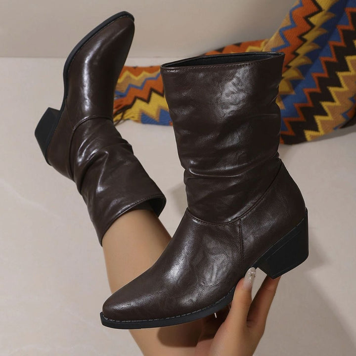 Women's Slouch Mid-Calf Block Heel Faux Leather Boots - Brown