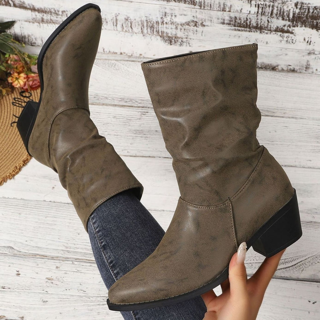 Women's Slouch Mid-Calf Block Heel Faux Leather Boots - Khaki